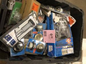 Pail with assorted plumbing bathroom  accessories see pictures