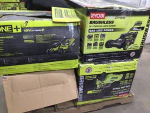 Pallet with assorted Ryobi cordless Lawnmowers open box various conditions customer return see pictures
