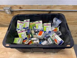 lot 61 image: Plastic Tote Full of Miscellaneous Electrical Supplies