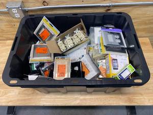 lot 62 image: Plastic Tote Filled with Electrical Supplies