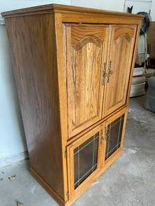 Wooden Entertainment Stand with Brass Accents And Glass Doors