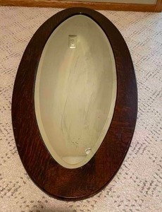 Large Wooden Framed Oval Wall Mount Mirror With Beveled Glass