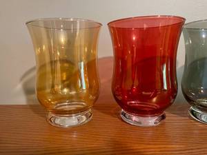 4 Crate and Barrels Hurricane Candle Holders in Vibrant Colors