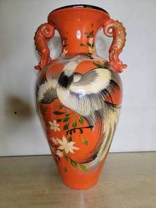lot 40 image: Large Rare Vintage Japanese Style Tall  29 Hand-Painted Orange Vase With Painting of Cranes
