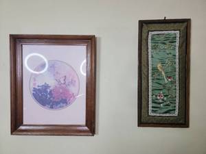 lot 21 image: Vintage Framed Chinese Flower & Butterfly Painting and Chinese Embroidered Silk Tapestry
