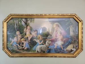 lot 22 image: Large Vintage Custom Framed Mother Mary with Jesus & Cherubs by Giovanni Large 43 x 23.5 $500 Value