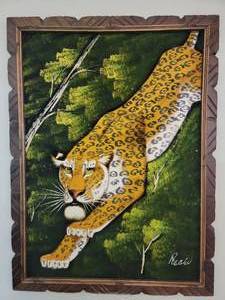 lot 24 image: Large Incredible Signed & Framed Vintage Mid Century Modern Velvet Leopard Painting Large 29 x 39 Value Priceless ($400)