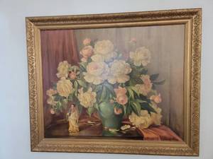 lot 29 image: Large Vintage Framed Peonies Print of Peonies Painting by Renowned Swedish Artist Bessie Helstrom 29.75 x 33.75