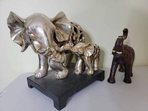 lot 50 image: Vintage 33 cm Leather Covered Elephant & Mother and Cub Silver Colored Elephants on Black Base