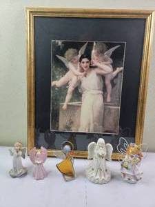 lot 64 image: Vintage Framed LInnocence by William-Adolphe Bouguereau and 5 Angel Figurines