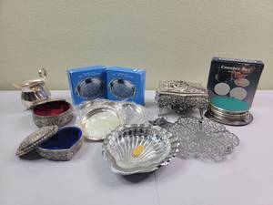 lot 67 image: 9 Piece Vintage  SIlver-Plated and Pewter Treasures-Some IN Original Boxes NEVER USED