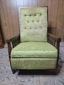 lot 76 image: A Treasure to Behold Vintage 1920s Green Brocade and Wood Recliner Chair $800 Value