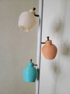 lot 80 image: Mid-Century-Modern Teal, Peach, & White Tension Pole Beehive Lamp $500 Value It Woks
