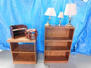 lot 14 image: 1 shelf, microwave stand, letter holder & 3 lamps