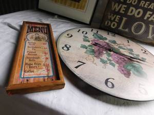 lot 44 image: 3 pictures and 1 large wall hanging clock