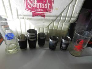 lot 76 image: 4 12 sets of Jagermeister Shot Glasses, 2 beer glasses, Schmidt Cooler