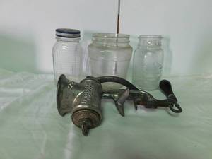 lot 82 image: Vintage Jars & Meat Grinder