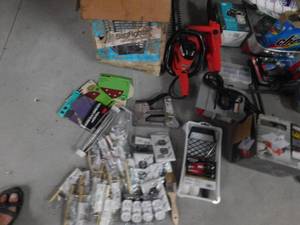 lot 93 image: Mini electric table saw, Hedge trimmer, Paint supplies with sprayer, Electric bug Killer, Sanding Pads , cabinet hardware, outlet receptacles, covers, Tools & More