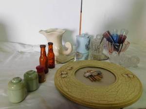 lot 99 image: Dishes, vinatge mirror, salt & pepper shakers