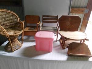 lot 147 image: Vintage high chair (missing leg), little tikes stool, wicker chair, wooden chair
