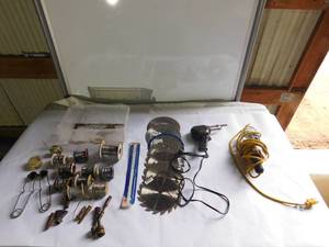 lot 163 image: soddering gun and sodder. Trouble light,torch archer, skill saw blades, hack saw blades