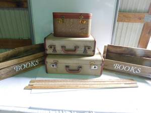 lot 182 image: 3 vintage suit cases, wooden book dcor , 3 rulers