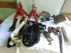 lot 197 image: 2 jack stands , truck mirrors, chain tightner tow straps, etc