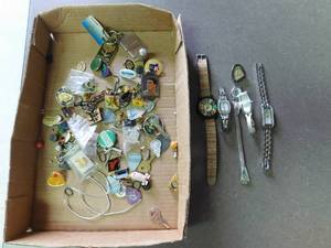 lot 222 image: Flat of pins, watches & misc.