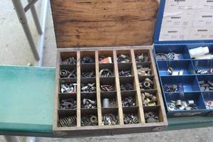 lot 488 image: Wooden Parts Organizer Case w Misc Fittings