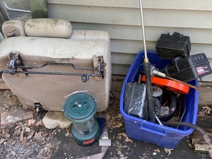 lot 36 image: Plastic Bin of Small Engine Items and Misc.