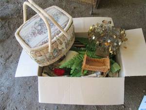 Box of home decor and sewing basket...
