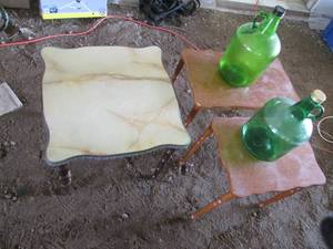 3 end tables and 2 green glass jugs...