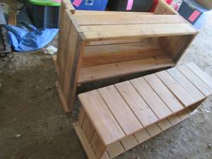 2 wood shelves and wood bench 45.5...