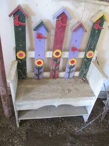 Wood bench with birdhouse decor 34...