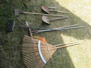 Yard tools including rakes, shovels...