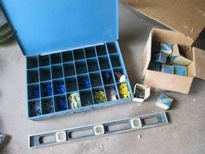 Box of various bolts, 2ft level and...