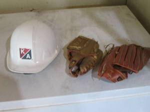 Hard hat and 2 baseball gloves...