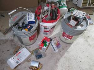 3 5gal pails, 1 full of paint, misc...