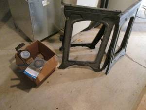 Plastic saw horses, box of electric...