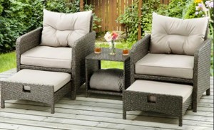 lot 401 image: Pamapic 5-Pieces Wicker Patio Furniture Set Outdoor Patio Chairs with Ottomans, Gray Cushions and Table, BT-JDH5-WH3.