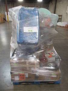 lot 423 image: LARGE WHOLESALESALVAGE PALLET (Approximately 55 Pieces) OF FURNITURE, FURNITURE PARTS, TOILET PARTS, SMALL HOUSEWARES AND MORE