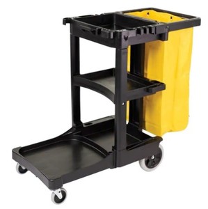 lot 589 image: Rubbermaid Plastic Cleaning Cart with Zippered Yellow Vinyl Bag, FG617388BLA.