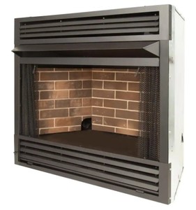 lot 591 image: Pleasant Hearth Universal Circulating Zero Clearance 42 in. Ventless Dual Fuel Fireplace Insert - Cracked Back Faux Brick Cement Liner.