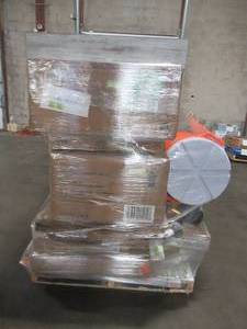 lot 590 image: LARGE WHOLESALESALVAGE PALLET (Approximately 35 Pieces) OF UMBRELLAS, FURNITURE PARTS, BUILDING MATERIALS, LIGHTING  AND MORE