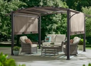 lot 593 image: Hampton Bay Orchard Park 10.6 ft. x 13.3 ft. Brown Steel Arched Beam Pergola with Sling Canopy, A106009001 - Unclaimed Freight.