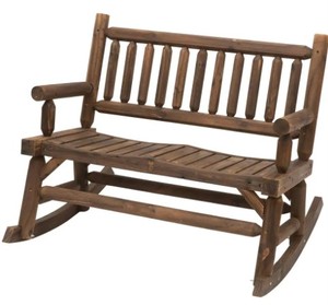 lot 600 image: Outsunny Wooden Rocking Chair 2-Person Outdoor Bench with Natural Fir Wood Construction and Relaxing Swinging Motion - 1 Broken Seat Slat (See Photo)