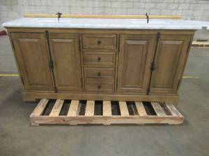lot 602 image: Clinton 72 in. W Double Vanity in Almond Latte with Natural Marble Vanity Top in White with White Sink, 9785100810 - NICE