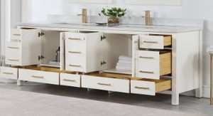 lot 3 image: ROSWELL Shannon 84 in. W x 22 in. D x 33.9 in. H Double Sink Bath Vanity in White with White Composite Stone Top - Unclaimed Freight, Opened Box for inspection and Photos - VERY NICE JUST GOING TO CALL IT NEW