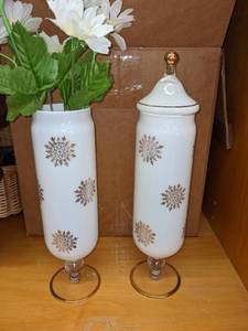 lot 153 image: 2 Milk Glass Pedestal Containers wLids