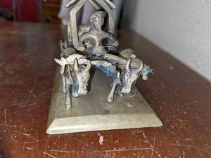 lot 267 image: 1960s Brass Double Oxen Cart Pulling Wagon
